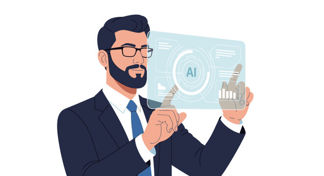 Businessman interacting with futuristic AI interface on a transparent screen, representing technology and innovation