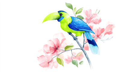 Fototapeta premium Colorful toucan perched on branch with watercolor flowers