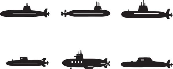 Submarine silhouettes bundle black military underwater naval vessel icons set isolated on white background © Pham