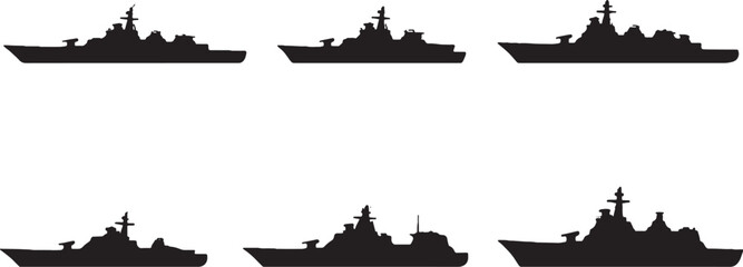 Naval Warship Silhouette Bundle Destroyer Frigate Cruiser Military Ship Black Vector Set © Pham