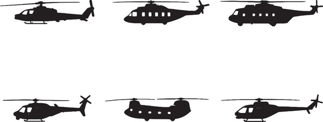Military Helicopter Silhouette Bundle Attack Transport Utility Aircraft Black Vector Set © Pham