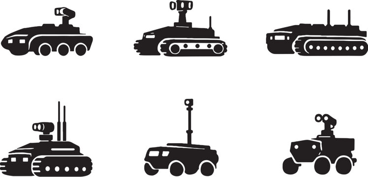 Unmanned military vehicle silhouettes bundle black robotic army vehicle icons set isolated on white background