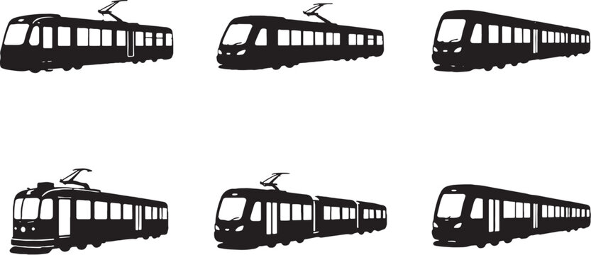 Tram and metro silhouette set urban rail light rail streetcar transport vector bundle
