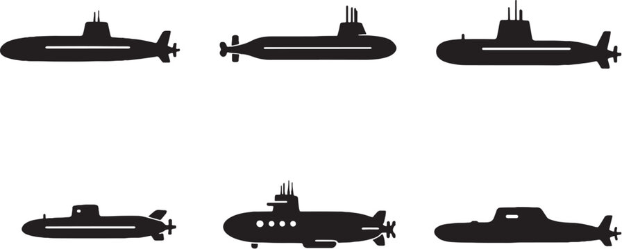 Submarine silhouettes bundle black military underwater naval vessel icons set isolated on white background