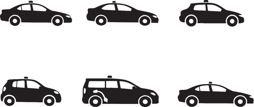 Taxi and rideshare vehicle silhouettes bundle sedan urban transport vector icons set