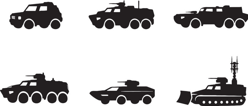 Reconnaissance vehicle silhouettes bundle black military scout vehicle icons set isolated on white background