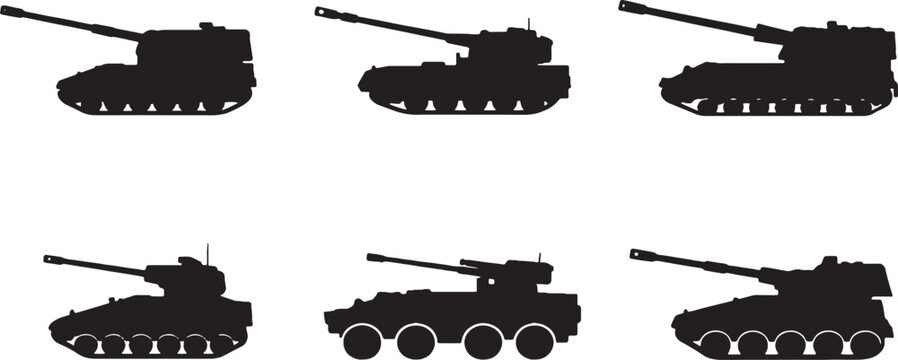 Self propelled artillery silhouettes bundle black military howitzer vehicle icons set isolated on white background