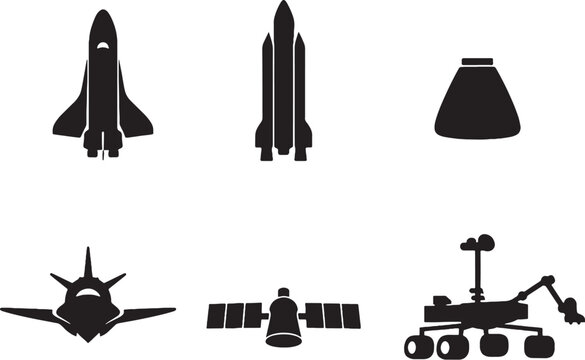 Spacecraft silhouettes bundle rocket shuttle satellite space vehicle vector icons set
