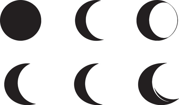 Moon phase silhouette set crescent full half lunar cycle astronomy vector icon bundle