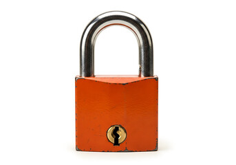 Naklejka premium Bright red combination lock with a sturdy metal construction and a small keyhole. isolated on white background