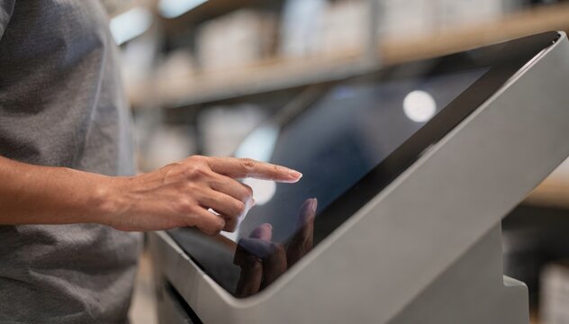 Medium shot of a customer interacting with an ondemand microprint kiosk focusing on the touchscreen while the background remains blurred.
