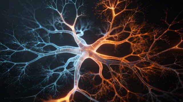 Glowing neuron network with electric blue and fiery orange signals illustrating brain activity in 4K