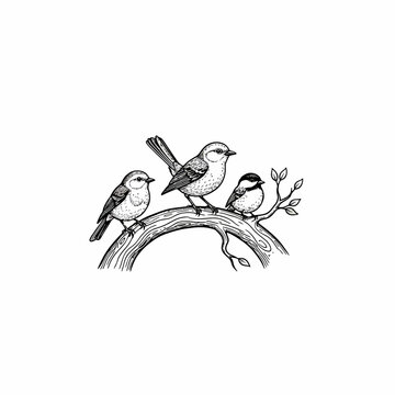 Three small birds perched on a tree branch, hand-drawn illustration.