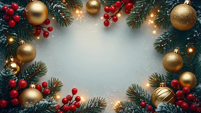 Top-down view. Christmas wreath frame with golden ornaments and red holly berries. Bokeh fairy lights on snowy surface. Holiday background.