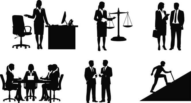 Professional business silhouettes collection featuring corporate lawyer figures office meeting scenes justice scale icon and career growth concepts for legal and financial industry presentations.