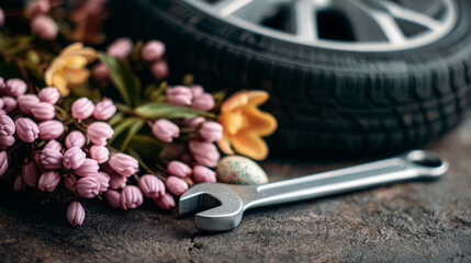 Wrench and flowers beside a car tire on a wooden surface. symbolic of changing tires from winter to summer.