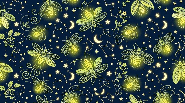 Seamless Pattern of Glowing Summer Fireflies on Midnight Blue Sky