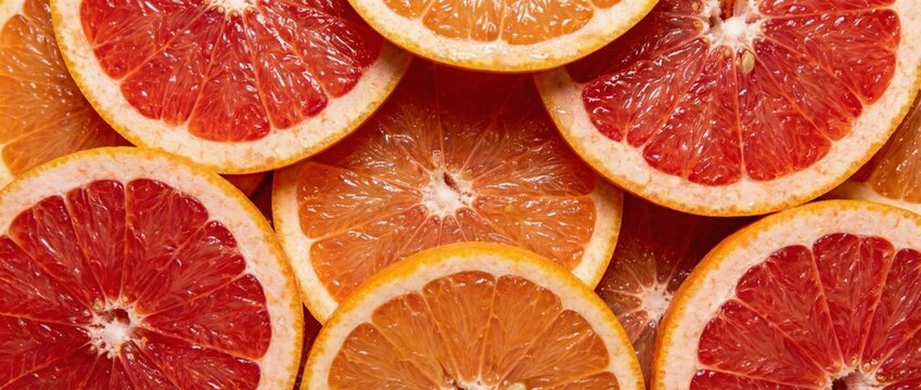 Ripe ruby red grapefruit and bright orange citrus slices are forming a vibrant, refreshing natural background, representing healthy eating and fresh juice concepts