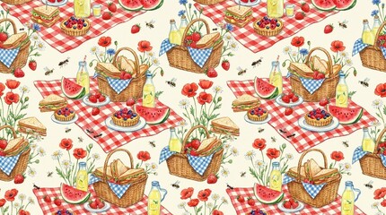 Naklejka premium Joyful Seamless Summer Picnic Pattern with Baskets and Food