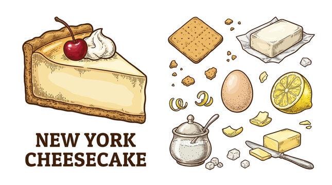 New York Cheesecake slice with ingredients like butter, egg, and lemon. Hand-drawn engraving style vector illustration set on black background.