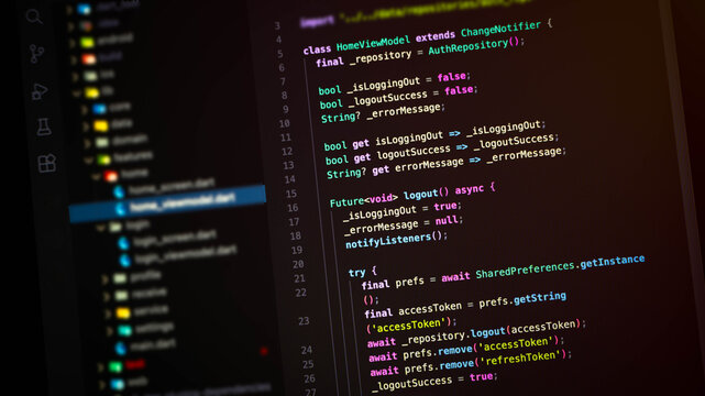 Close up of developer coding on computer screen in dark mode, representing modern software development workflow, programming interface concept with focus on productivity and system design.