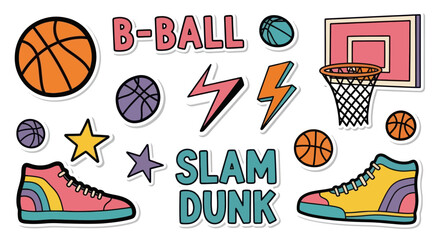 Retro Basketball Slam Dunk Stickers: B-Ball, Sneakers, Hoop, Stars, Lightning © asepta