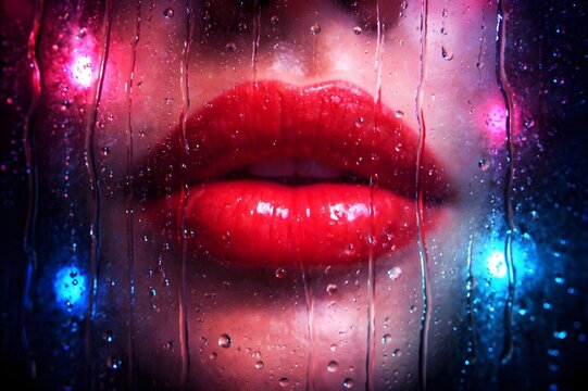 Detalle de labios rojo intenso detr&aacute;s de cristal con gotas de agua.