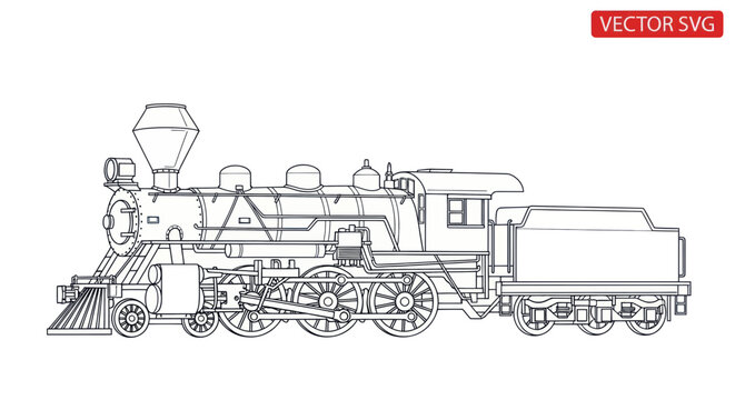 Vintage Steam Locomotive outline, Retro Train illustration, Transportation graphic