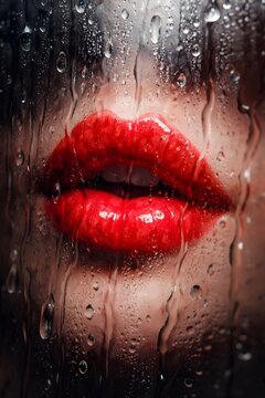 Detalle de labios rojo intenso detr&aacute;s de cristal con gotas de agua.