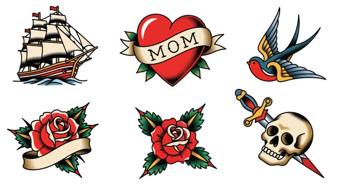 Traditional Tattoo Designs: Ship, Heart, Swallow, Roses, Skull and Dagger