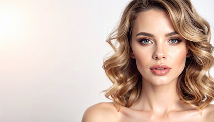 Naklejka premium a closeup portrait of beautiful woman with great eyes and curly hairs with empty space for text 