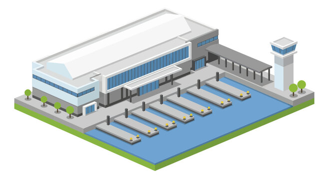 Isometric View of a Modern Port Terminal with Cargo Ships and Control Tower.
