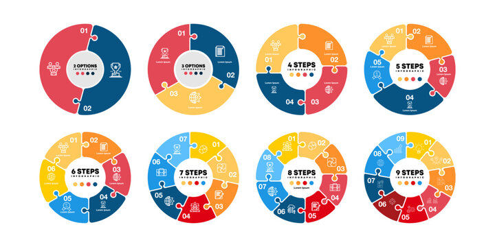 Vector circular puzzle infographic set. template for presentation business infographic, 2, 3, 4, 5, 6, 7, 8, 9 options steps parts. venn diagram sets. vector editable eps