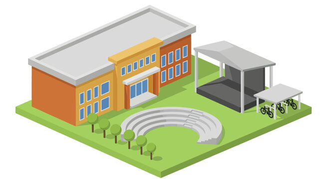 Isometric view of a school building with an outdoor amphitheater and stage.