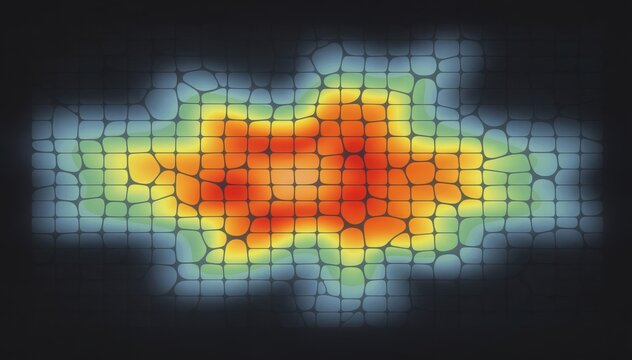 Shot focusing on heatmap visualization of consumer interactions autosegmented by AI with crisp detail on colorcoded zones and soft focus elsewhere.