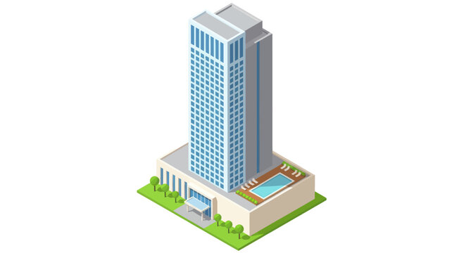 Modern Isometric Skyscraper with Rooftop Pool and Greenery.