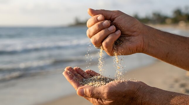 Senior Hands Pouring Sand on a Tropical Beach - Concept of Time and Aging