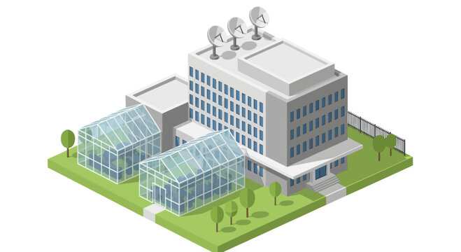 Modern Research Facility with Greenhouses and Satellite Dishes.