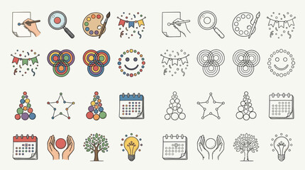 Obraz premium A collection of colorful and outline icons representing various concepts like creativity, celebration, and growth.