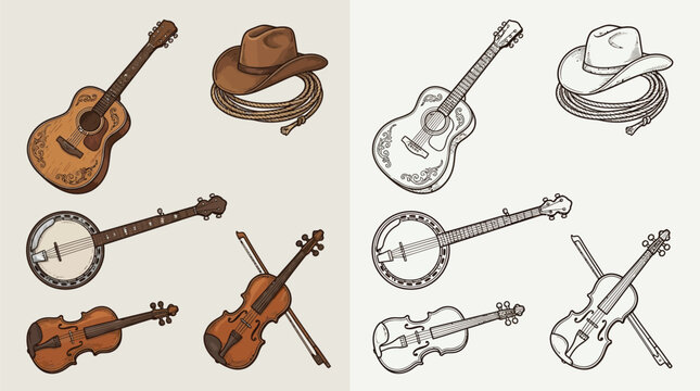 Collection of vintage musical instruments including guitars, banjos, violins, a cowboy hat, and a lasso, presented in both colored and line art styles.