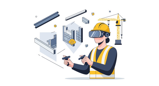 Innovative Construction Engineer Using Virtual Reality VR Headset for Building Information Modeling BIM, Architectural Planning and Digital Twin Visualization