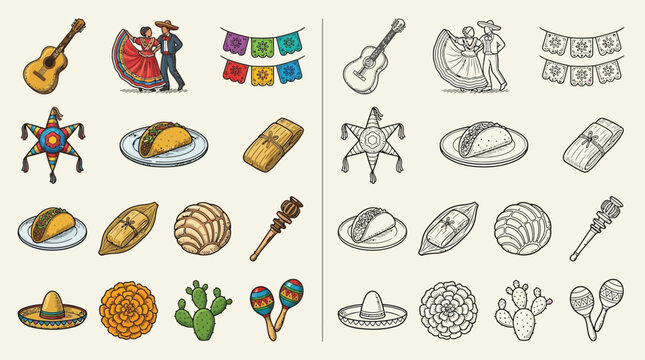 Collection of colorful and monochrome Mexican cultural icons and symbols, including food, music, and traditional attire.