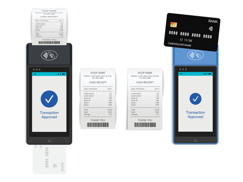 3D Realistic NFC Payment Terminal with Receipt, Debit and Credit Card &ndash; Contactless POS Machine Approved Transaction Mockup, Top View