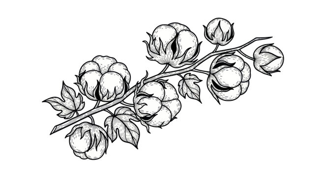 Hand-drawn illustration of cotton plant branches with bolls and leaves on white background