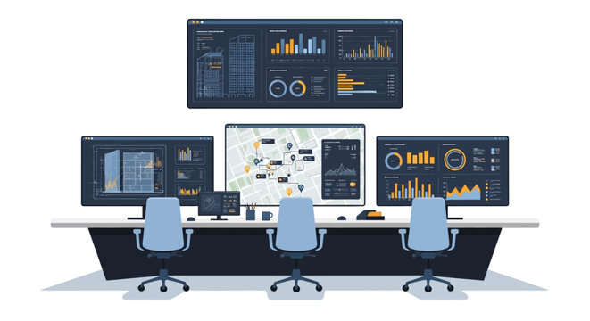 Modern Command Center Illustration with Data Dashboards, Analytics Screens, and Urban Planning Maps for Smart City Operations and Logistics Management