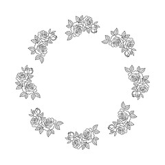 Okrągły wianek złożony z bukietów róż z pąkami i liśćmi. Elegancka okrągła ramka dekoracyjna na zaproszenia ślubne, kartki okolicznościowe, projekty dekoracyjne i logotypy. © Monika