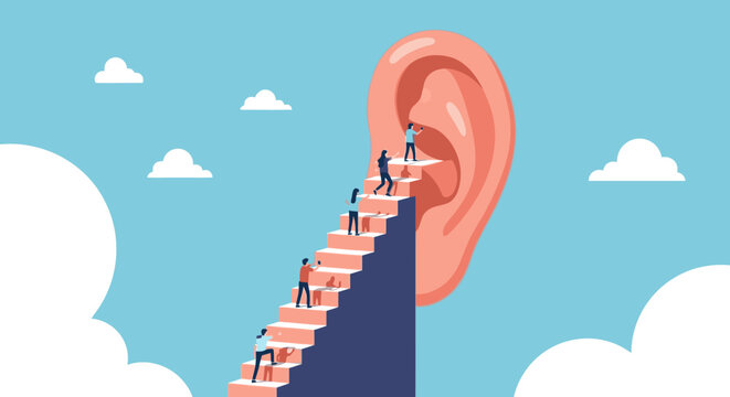 Metaphor for active listening and communication skills development. People ascend stairs towards a large ear, representing the effort to understand, empathize, and receive feedback.