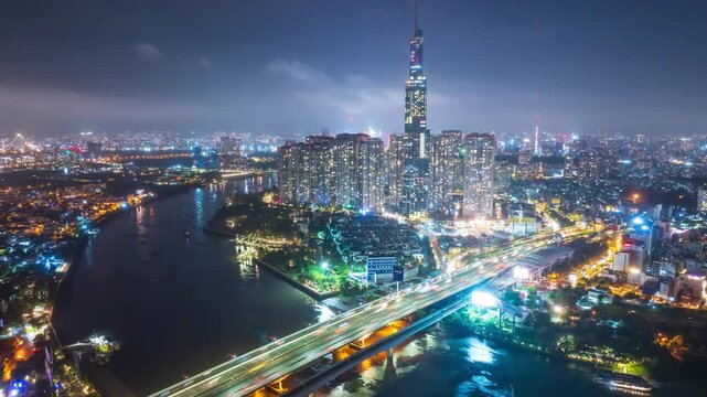 Timelapse Traffic, Aerial panoramic view of Ho Chi Minh City, Vietnam at night.