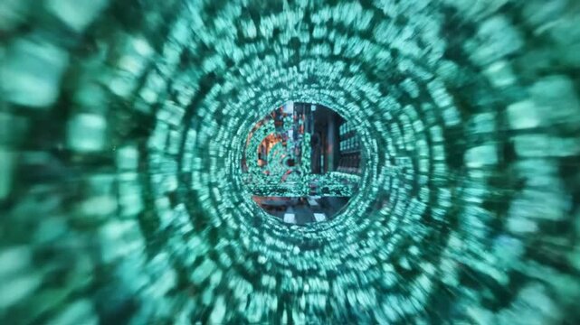 Futuristic flight through a glowing digital data stream tunnel