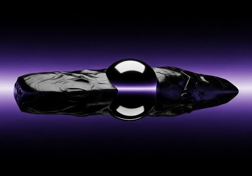 A massive obsidian structure floats in a dark space, featuring a polished chrome center that reflects an infinite, empty abyssal horizon, geometry, non-human, surreal